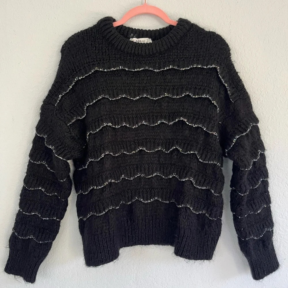 ZARA Knit Black Oversized Mohair Sweater with Glitter Trim Size S - Picture 5 of 10